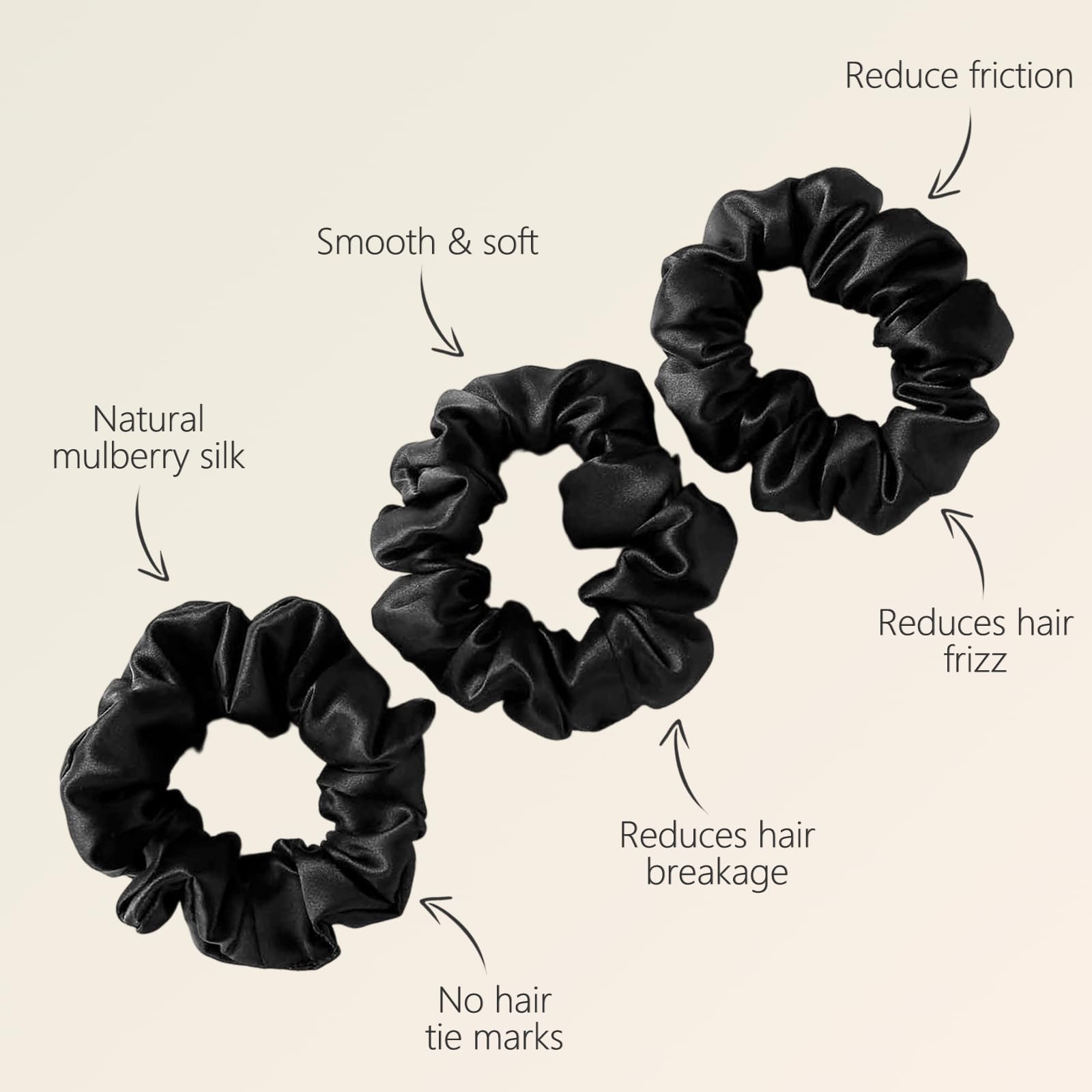 ZIMASILK scrunchie ensemble trois noir – démonstration en queue-de-cheval.