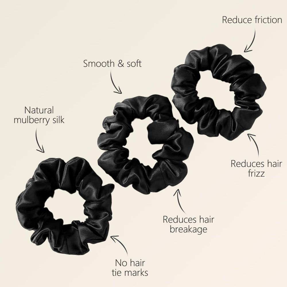 ZIMASILK scrunchie ensemble trois noir – démonstration en queue-de-cheval.