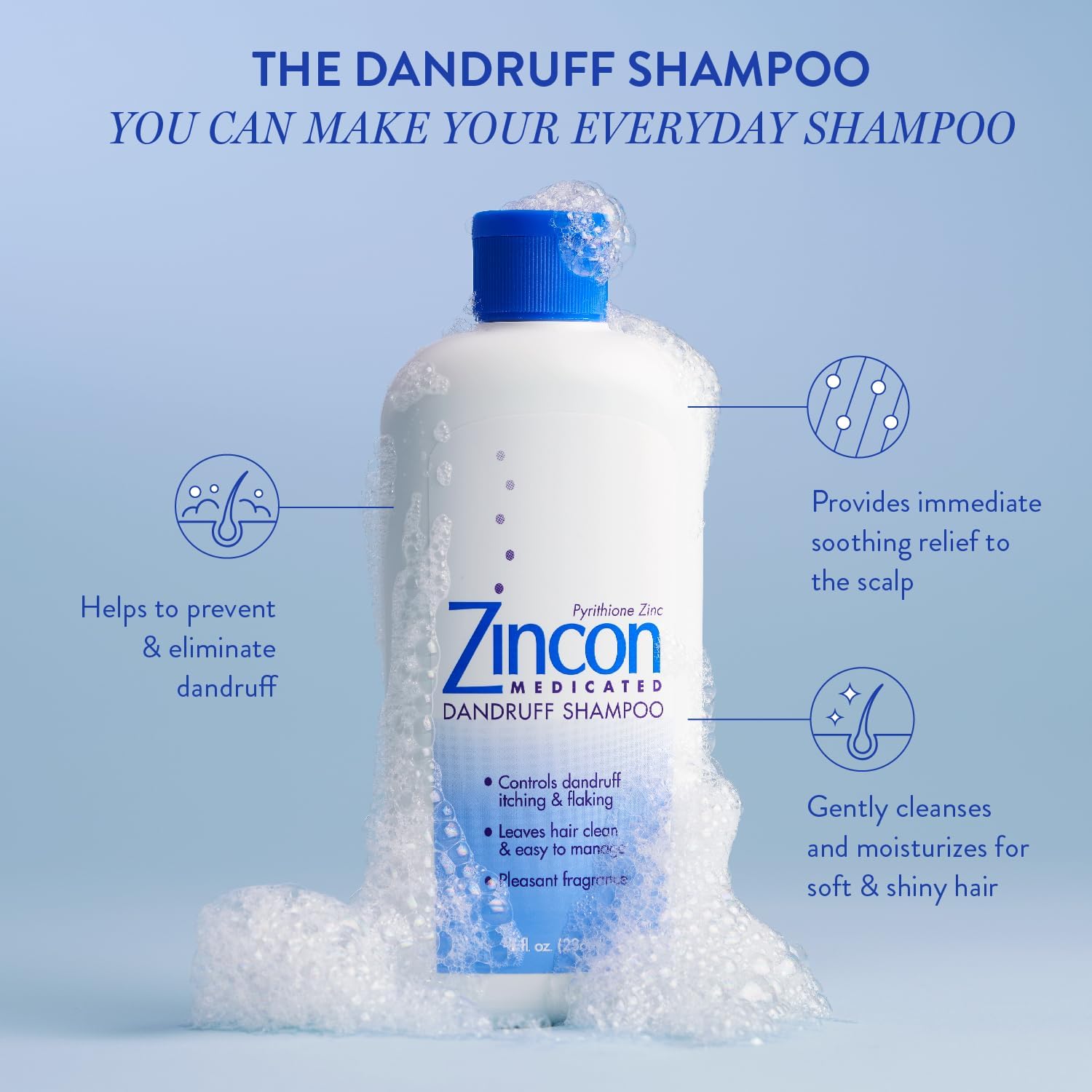 Zincon Shampoing : application sur cuir chevelu, peut réduire les pellicules