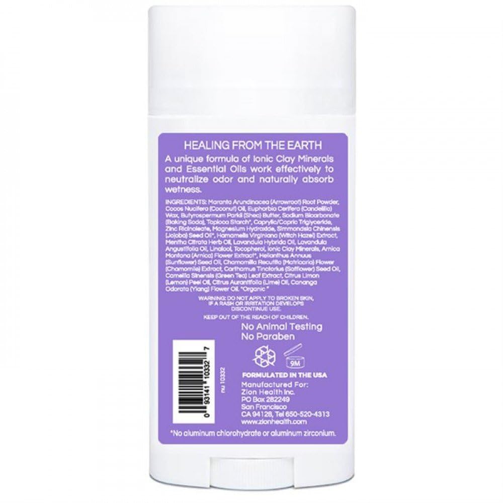 ClayDry Lavande de Zion Health, emballage, déodorant végan pour une sensation sèche et naturelle.