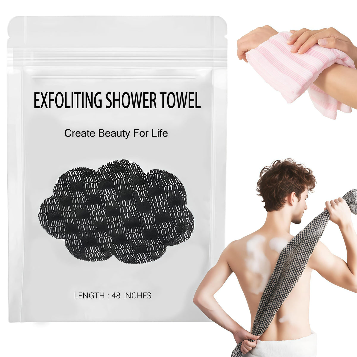 ZIVWAGX exfoliating towel back-reach design for easy cleansing