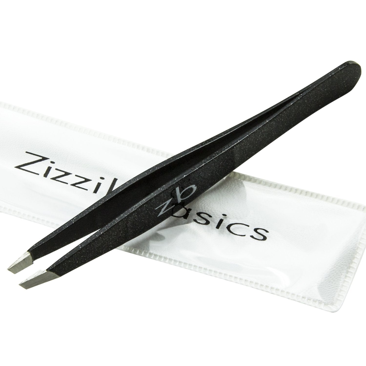 Pinces Zizzili Basics en acier chirurgical noir avec pointe inclinée pour précision accrue.