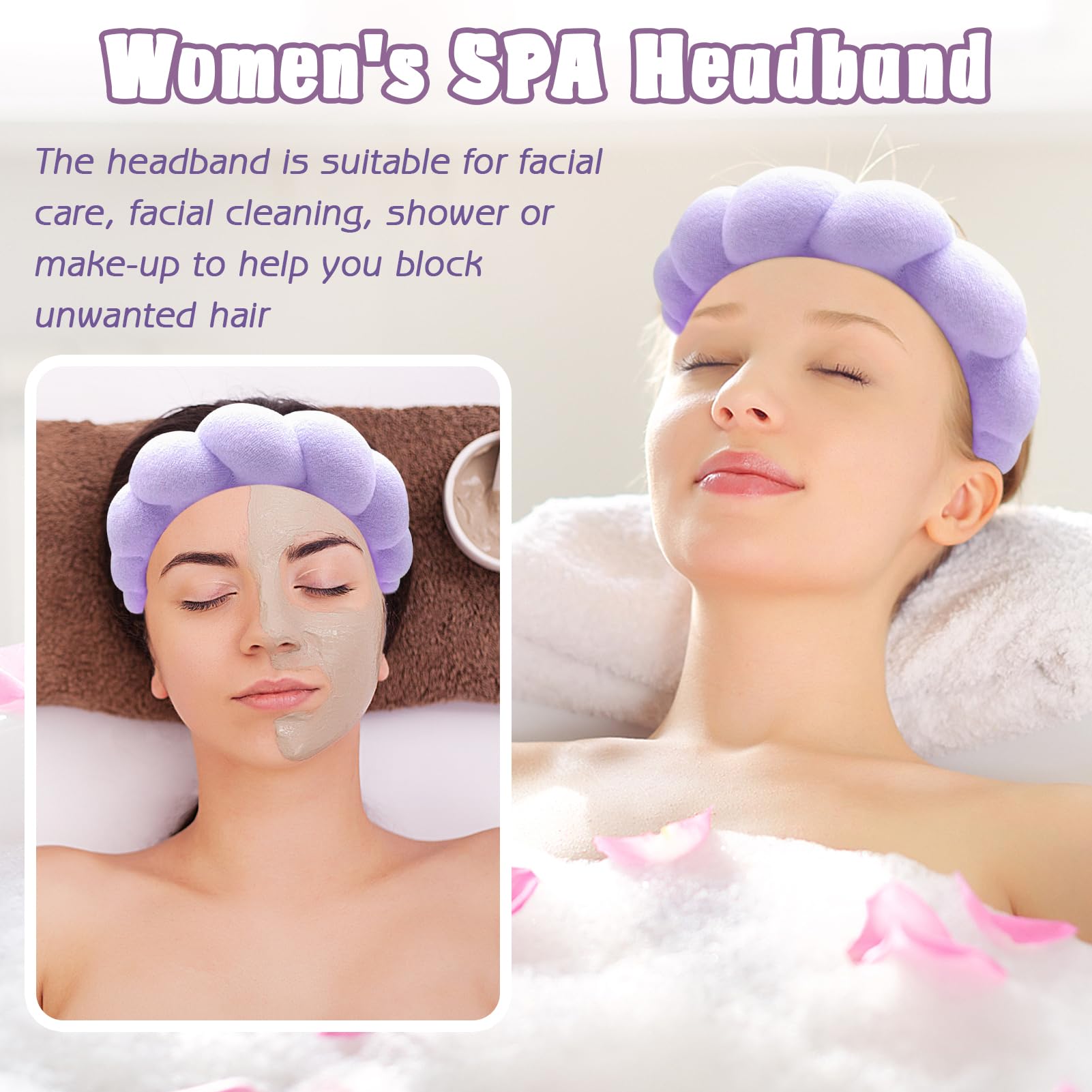 Bandeau spa Zkptops avec éponge interne violet pour un confort accru