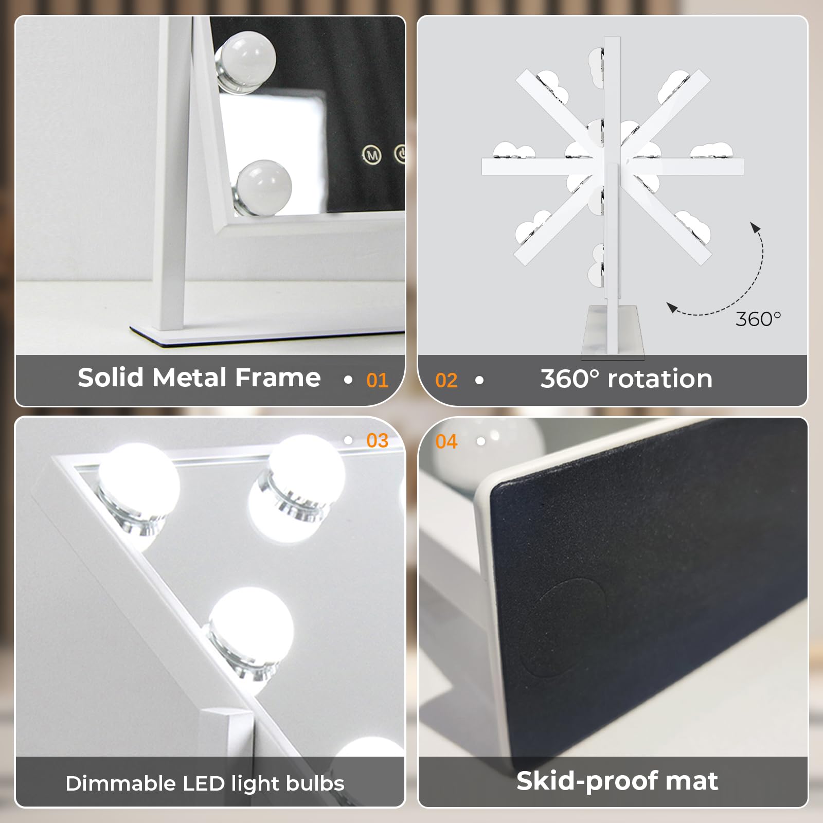 Châssis en aluminium et rotation à 360°, stabilité et angles faciles.