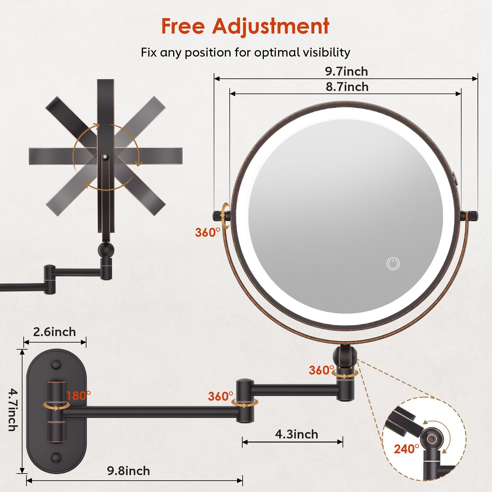 Miroir ZLOKLA, installation simple sur support mural et USB-C