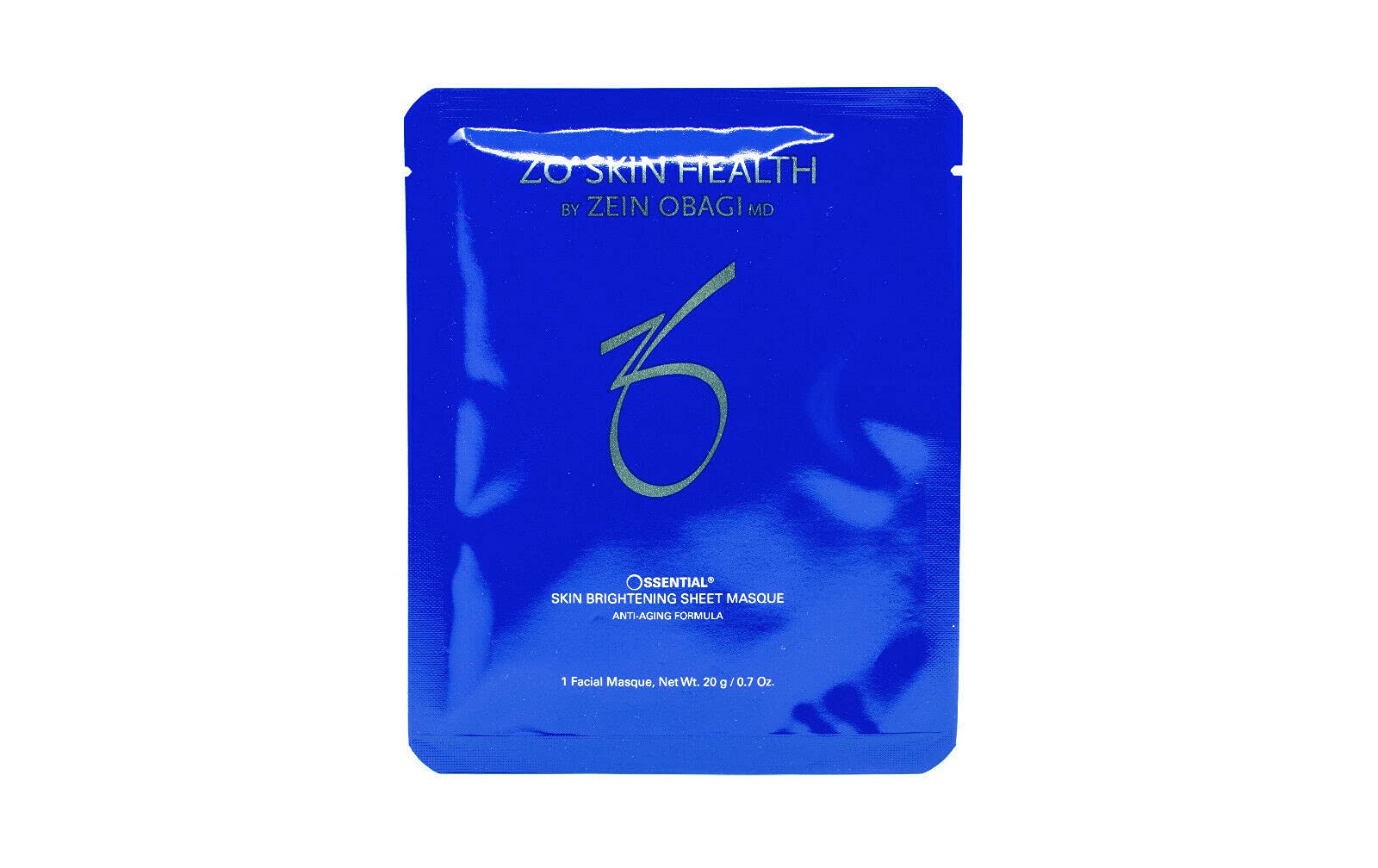 ZO Skin Health Ossential Masque Feuille Éclaircissant – emballage, teint plus homogène possible.