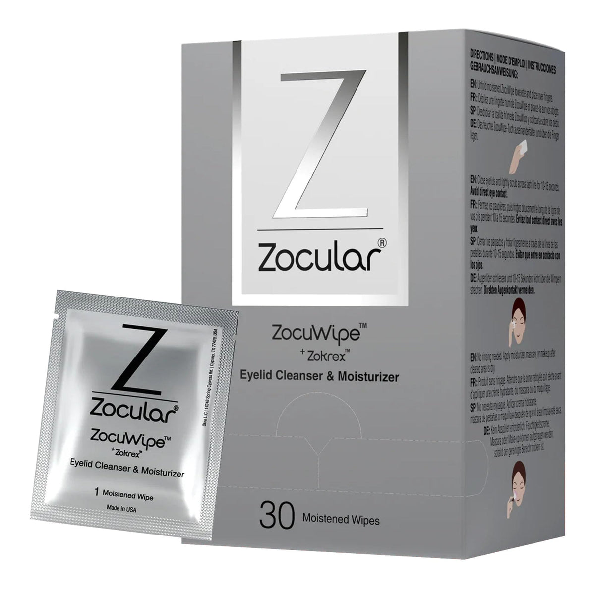 Zocular ZocuWipe emballage etui: pratique pour l'hygiène oculaire.