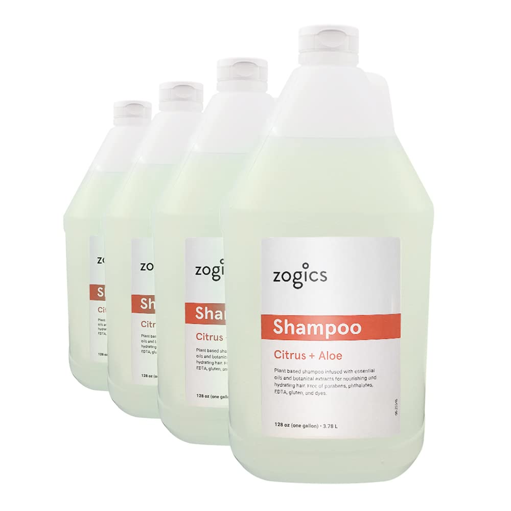 Zogics Shampoing Citrus + Aloe, bouteille en gros plan, parfum frais pour cheveux hydratés.