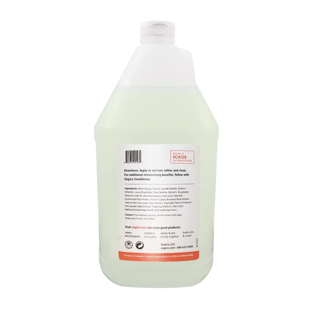 Zogics Shampoing Citrus + Aloe, emballage de 4 galons, remplissage pratique et durable.