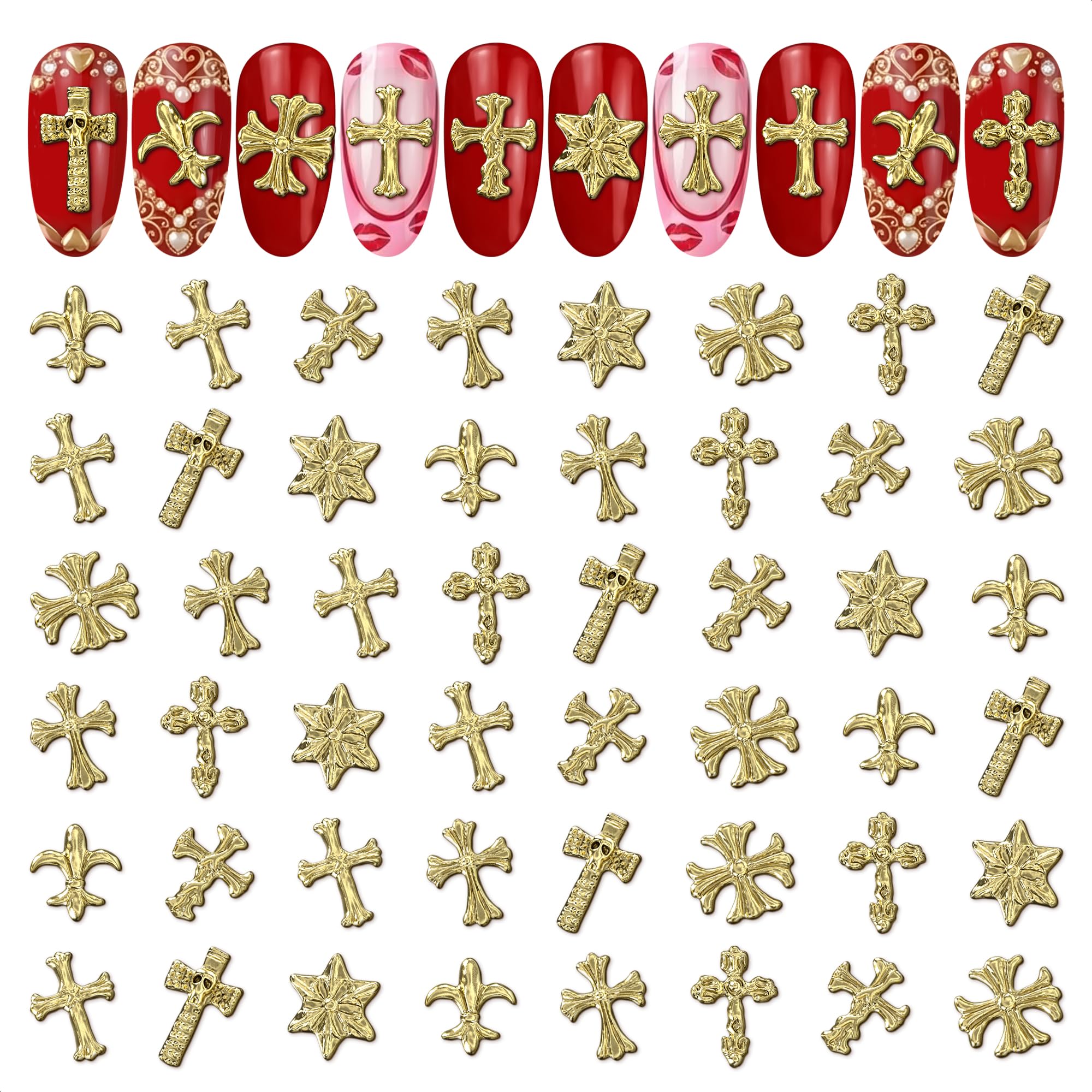 ZOKLU croix dorée pour ongles en trois dimensions, éclat doré et look élégant.