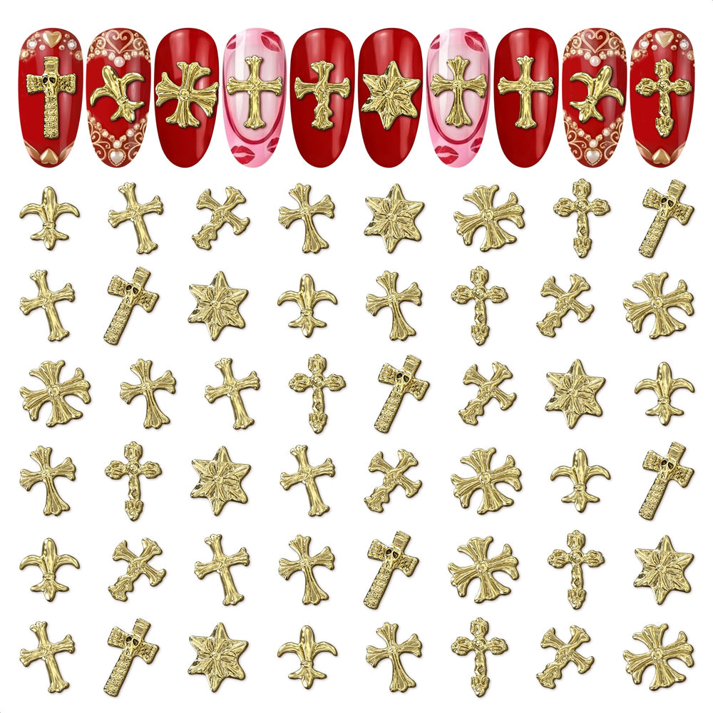 ZOKLU croix dorée pour ongles en trois dimensions, éclat doré et look élégant.