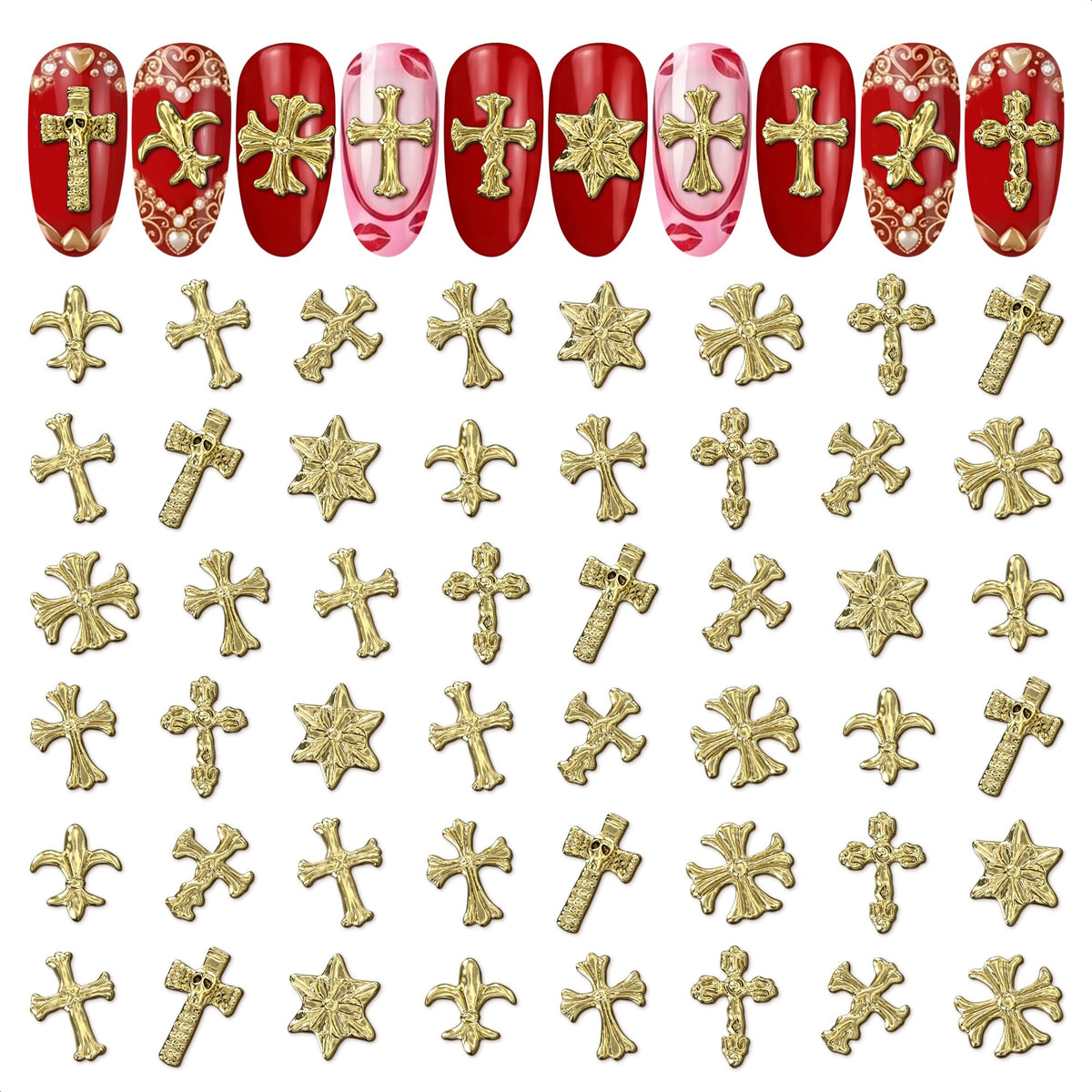 ZOKLU croix dorée pour ongles en trois dimensions, éclat doré et look élégant.