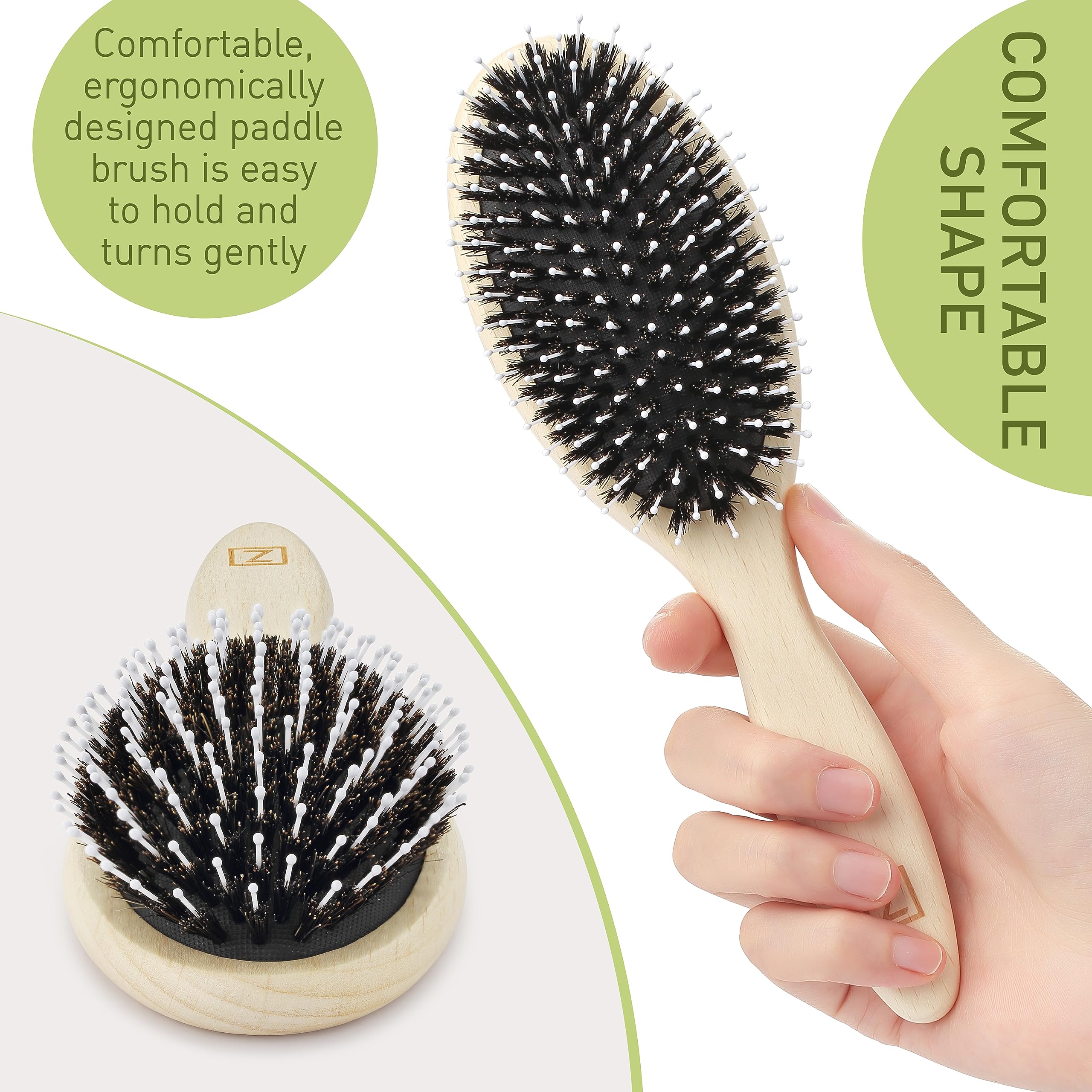 Détente et lissage des frisottis grâce à la brosse Zollo polyvalente.