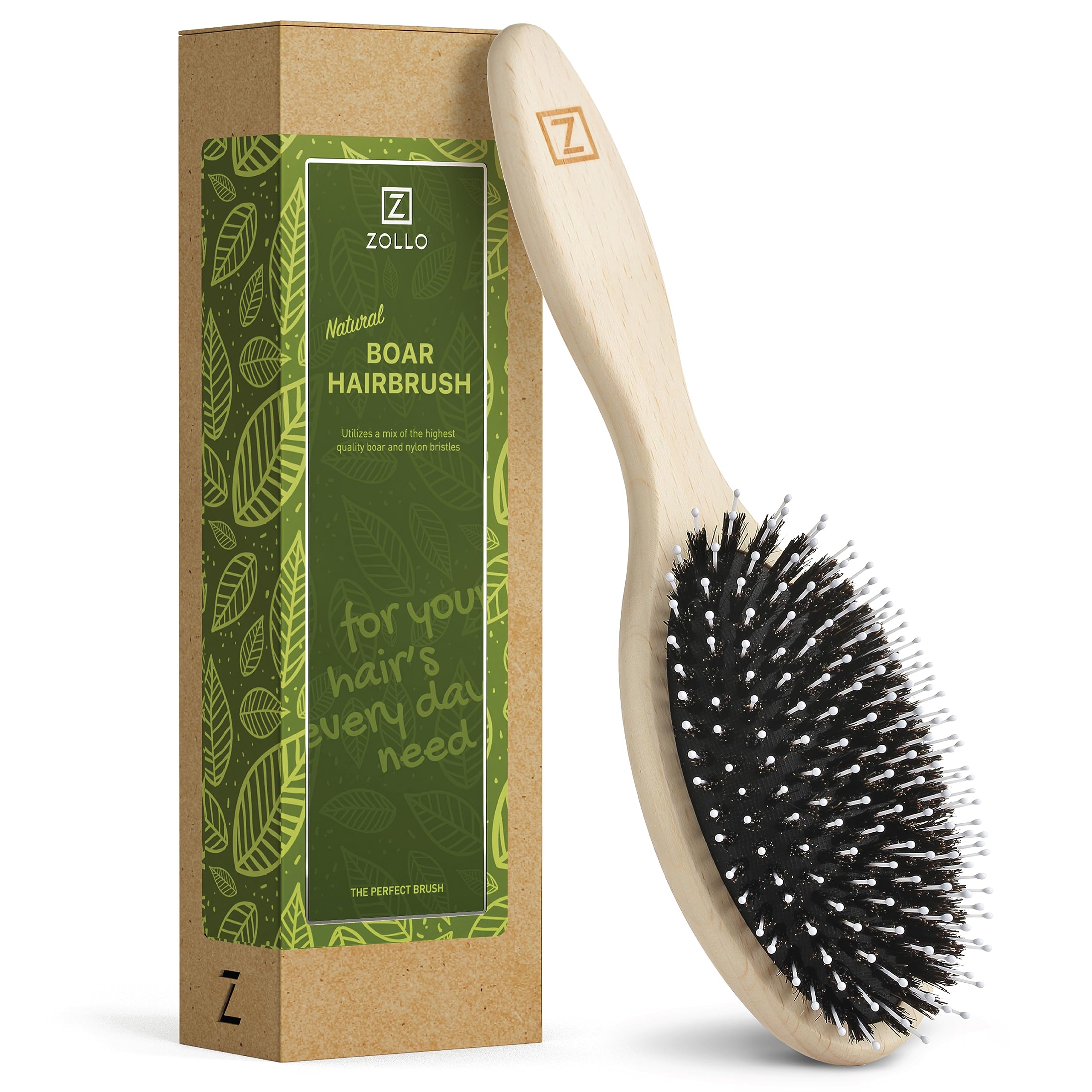 Brosse Zollo avec poils de sanglier noirs pour démêlage doux et nourrir les cheveux.