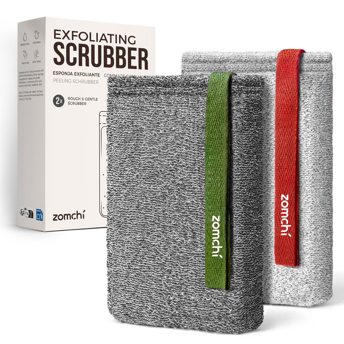 Éponge exfoliante ZOMCHI pour le corps, deux textures, gris, parfait pour un soin en profondeur.