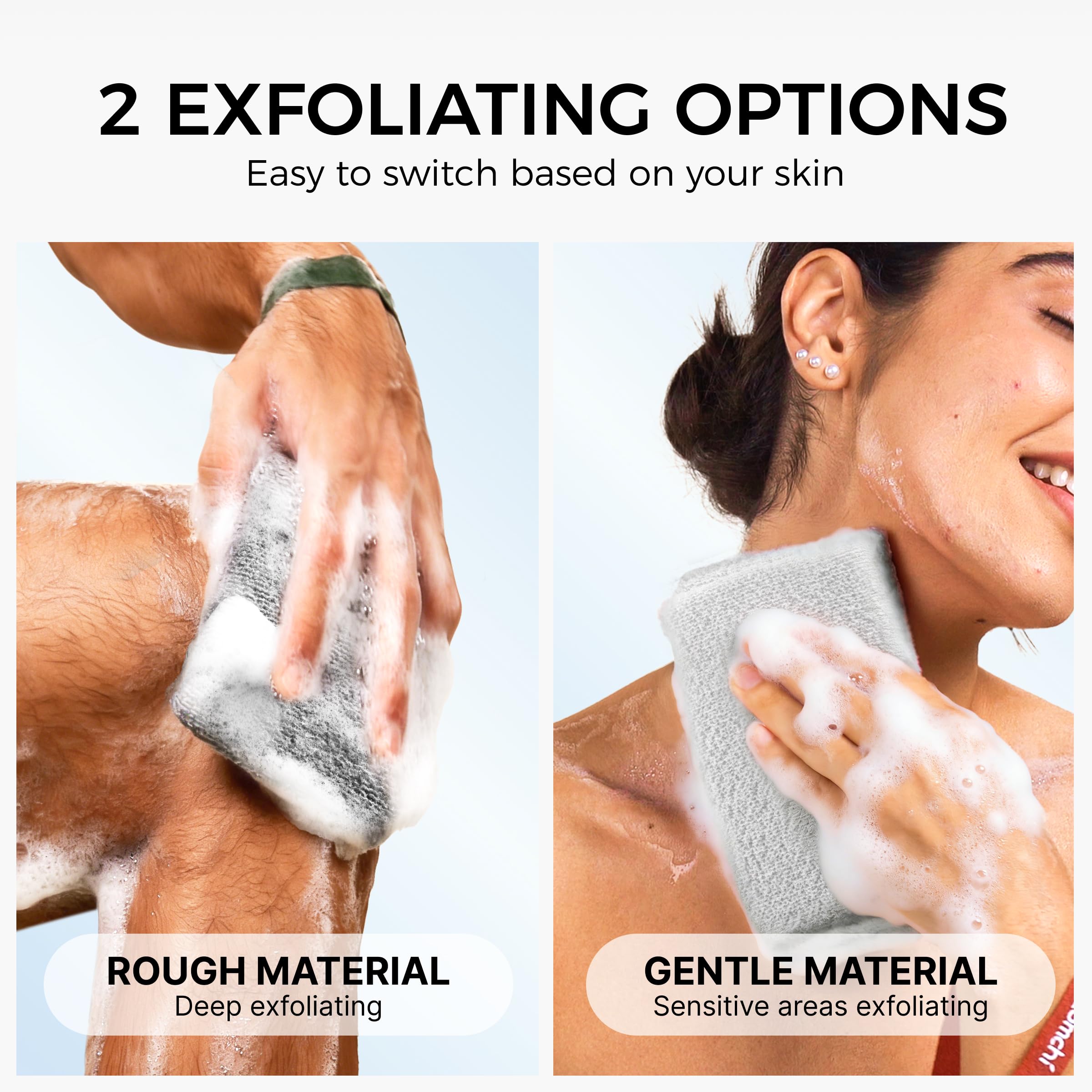 Éponge exfoliante ZOMCHI, grand format, gris, convient aux familles et à un rituel spa à domicile.