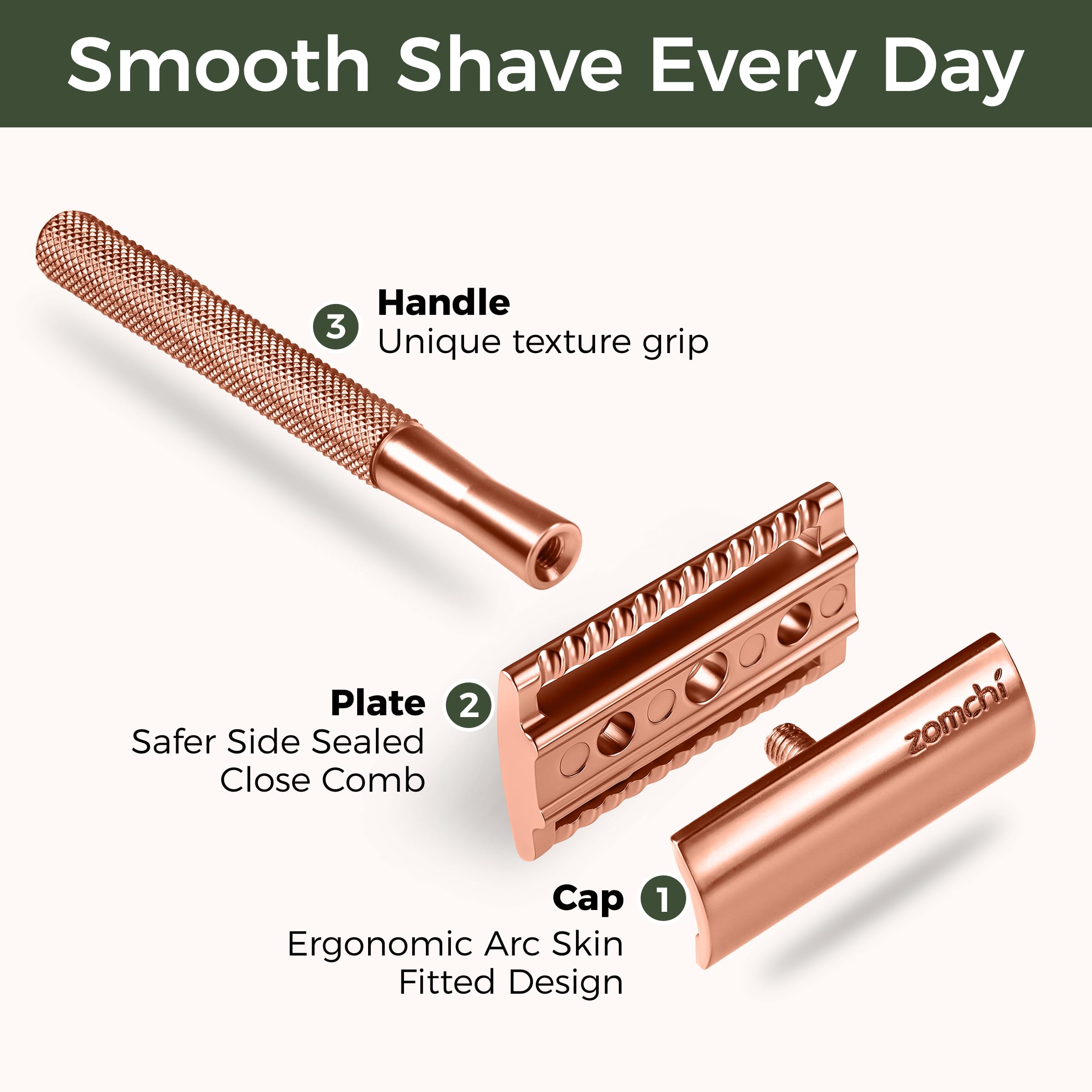 Lames inox ZOMCHI 5 emboîtées pour une coupe précise et durable.