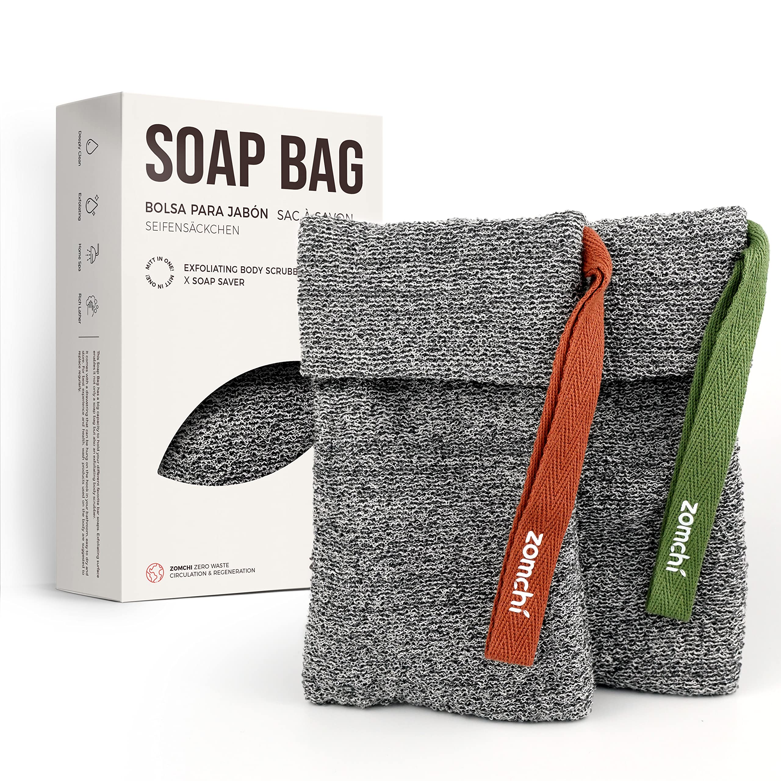 Vue générale du sac exfoliant ZOMCHI pour mousse rapide et efficace.