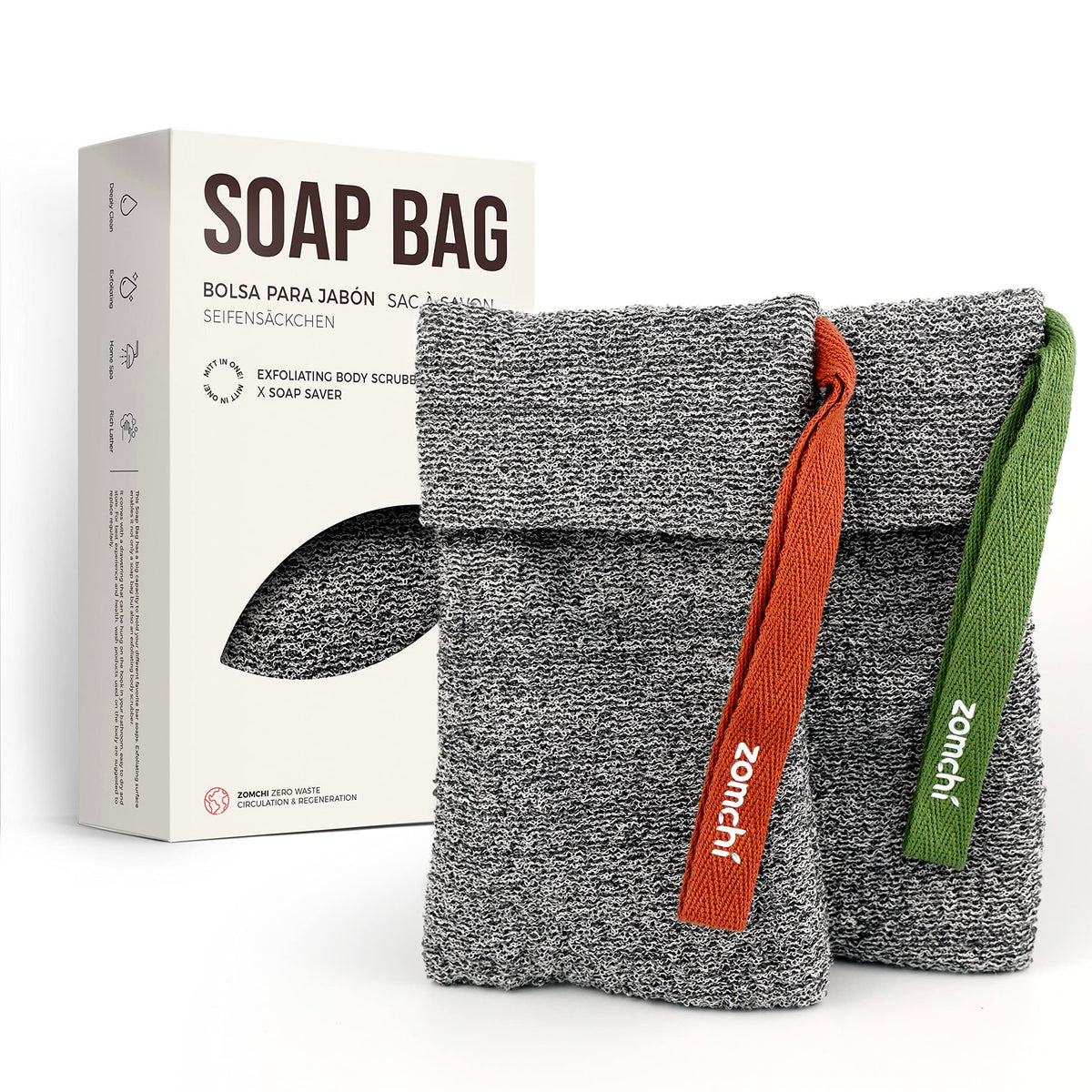 Vue générale du sac exfoliant ZOMCHI pour mousse rapide et efficace.