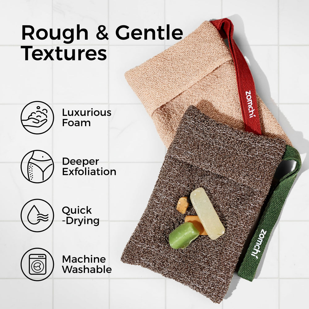 ZOMCHI sac savon exfoliant rugosité moyenne idéal pour peau sensible.