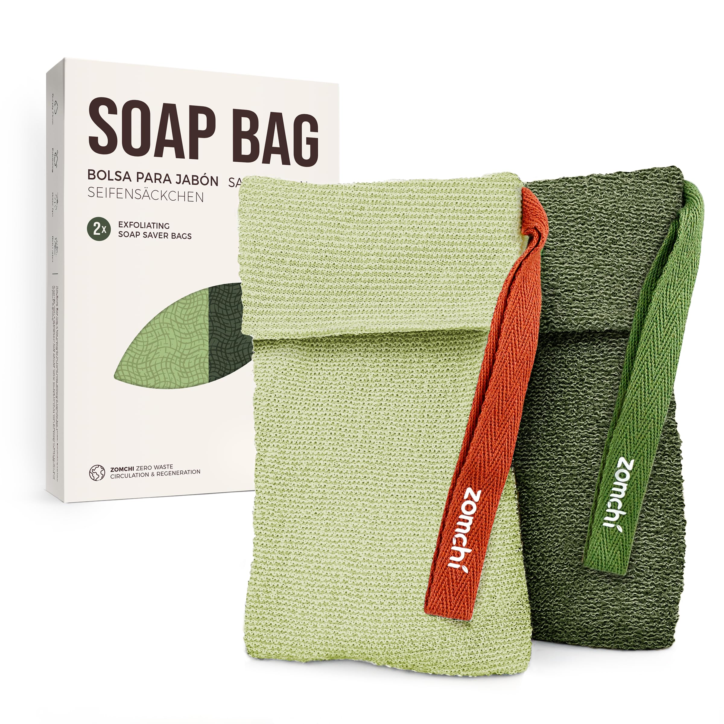 Sachet exfoliant ZOMCHI à mailles rugueuses pour gommage efficace du corps.