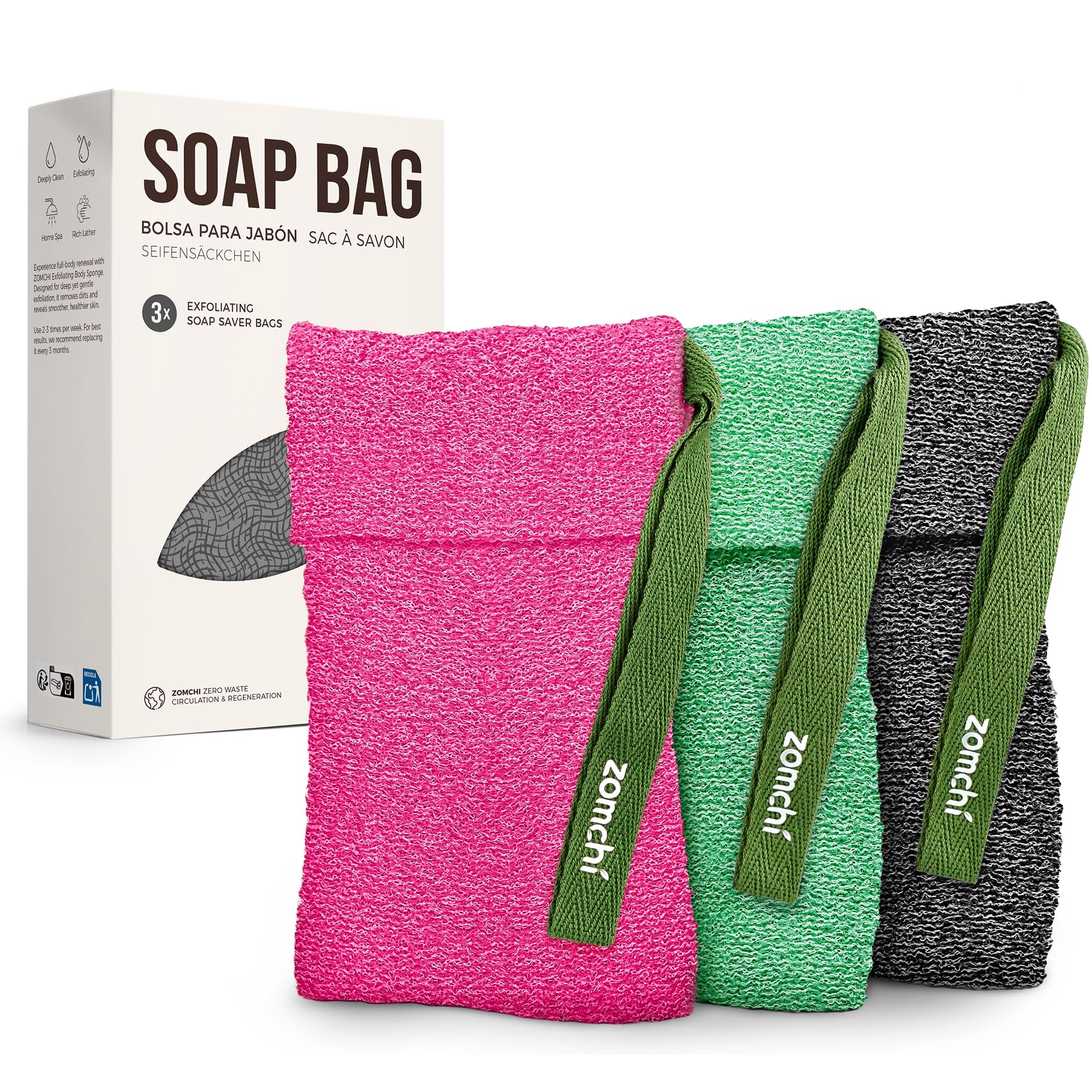 Le sac savon exfoliant ZOMCHI offre une exfoliation en douceur.