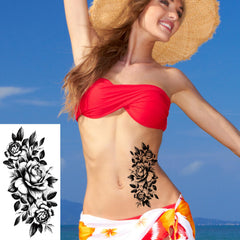 Tatouages Zomme 3D fleurs grandes feuilles motifs roses et pivoines réalistes.