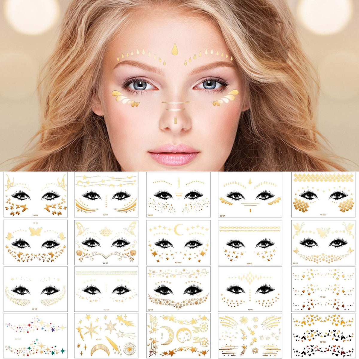 Zonon tatouages dorés pour visage – 20 feuilles, look festif durable.