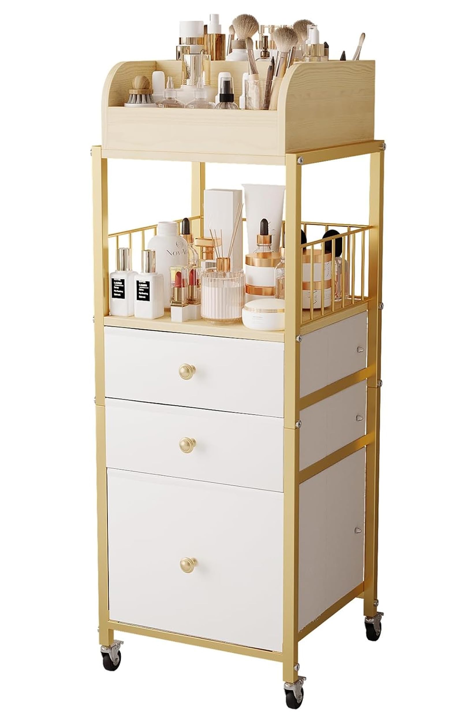 ZQUYAJ organisateur maquillage sur sol avec tiroirs et 3 étages, rangement pratique.