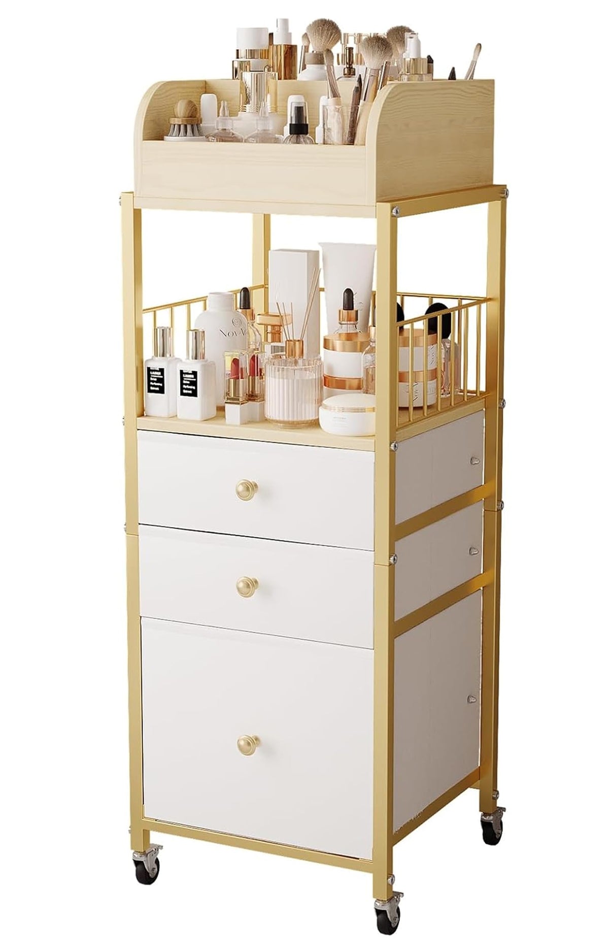 ZQUYAJ organisateur maquillage sur sol avec tiroirs et 3 étages, rangement pratique.