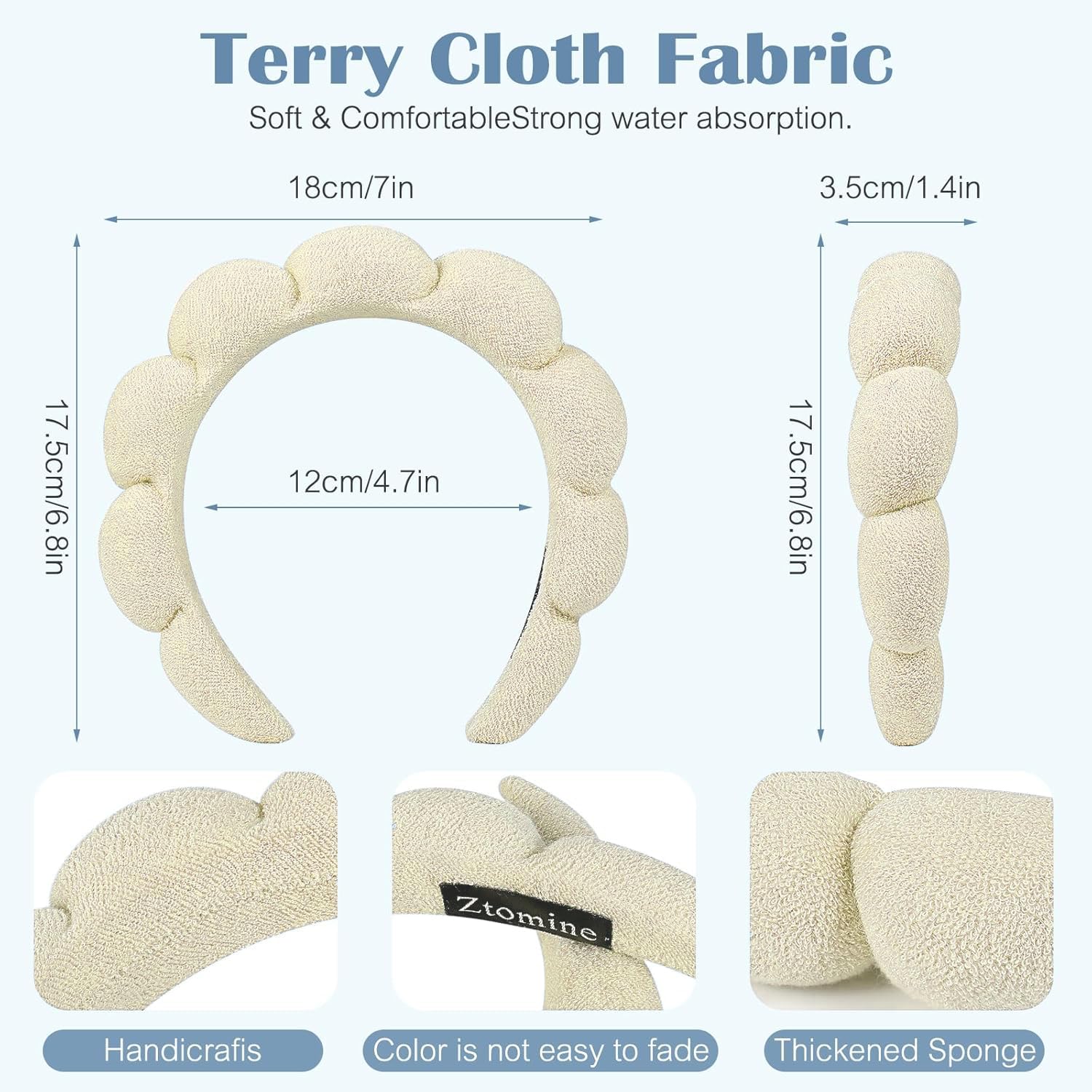 Bandeau Ztomine pour lavage visage en terry beige, absorbe les éclaboussures.