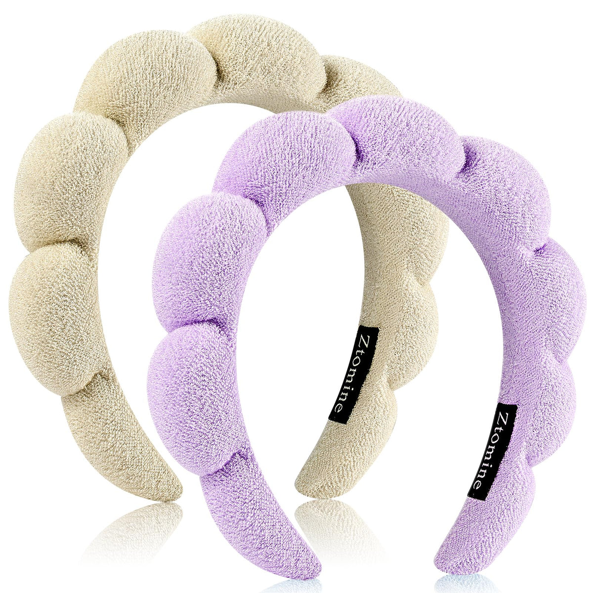 Bandeaux spa Ztomine beige et violet en lot, idéal pour les soins à domicile.