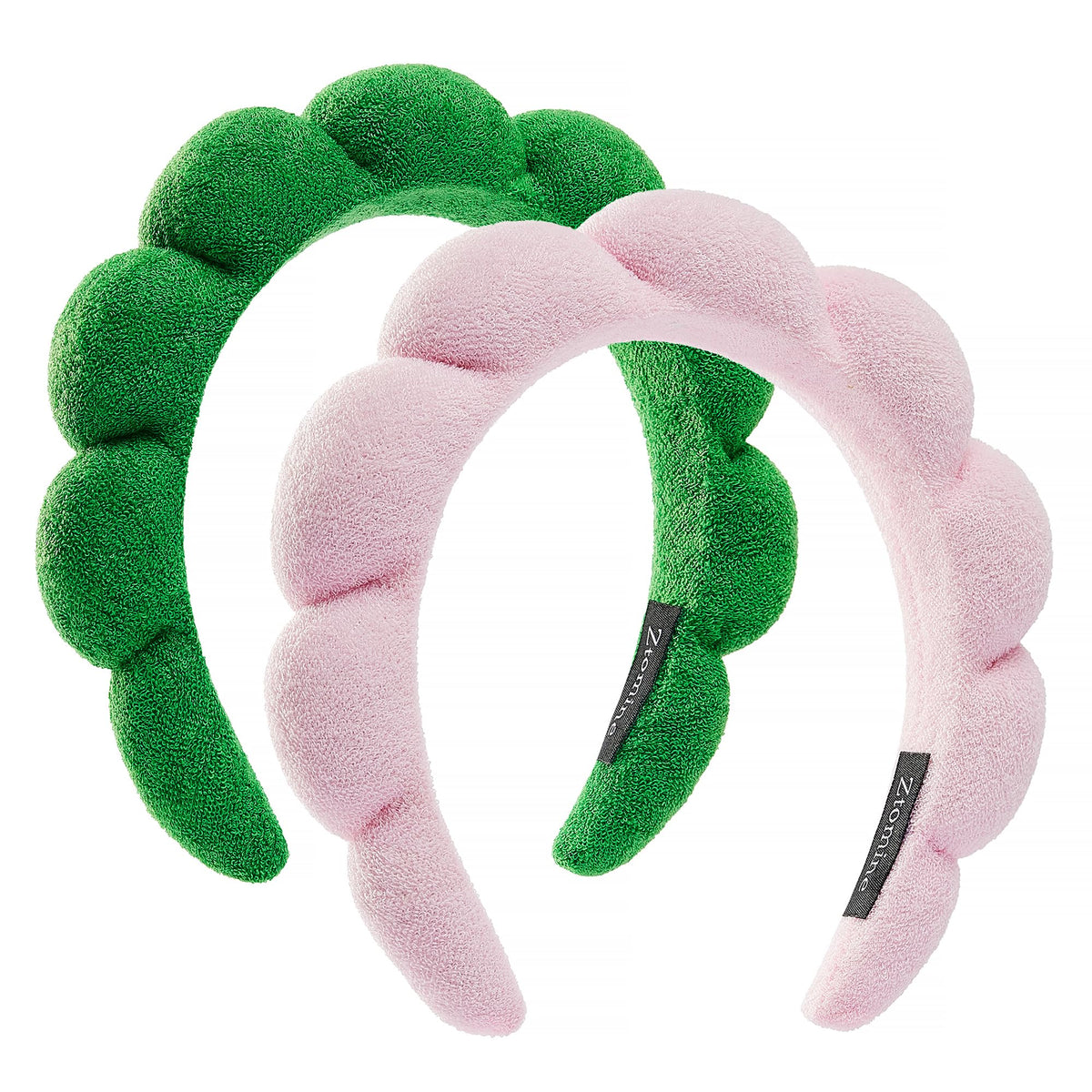 Bandeaux spa Ztomine croissant rose-turquoise, gardant les cheveux hors du visage lors du soin.