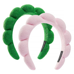 Bandeaux spa Ztomine croissant rose-turquoise, gardant les cheveux hors du visage lors du soin.