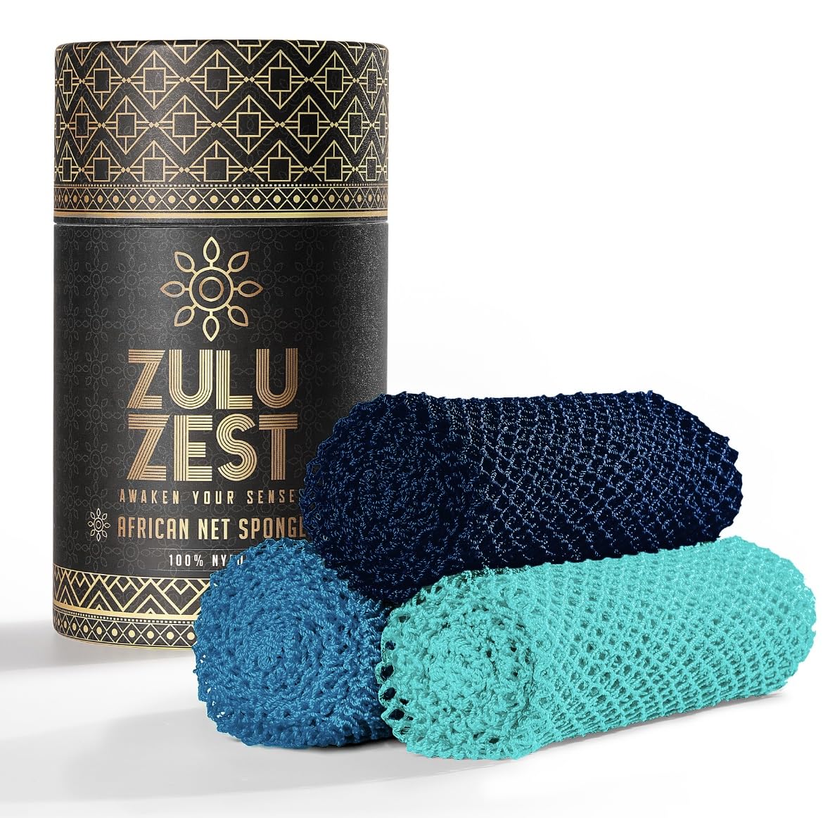 Éponge réseau africaine ZULU ZEST, lot de 3, couleur bleu foncé, usage quotidien.