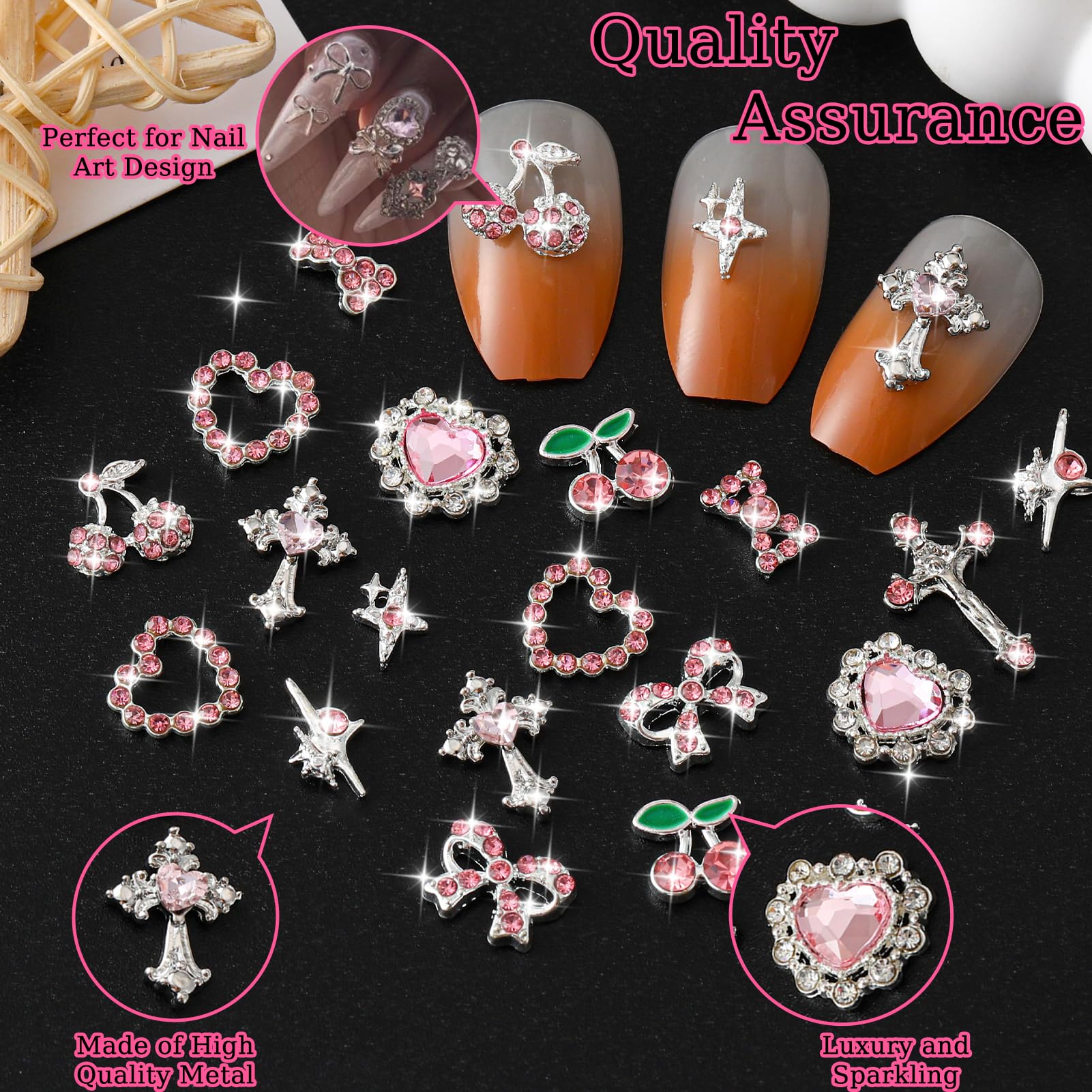 ZUMILLMN charme cerise rose argent, accents amusants pour les ongles.