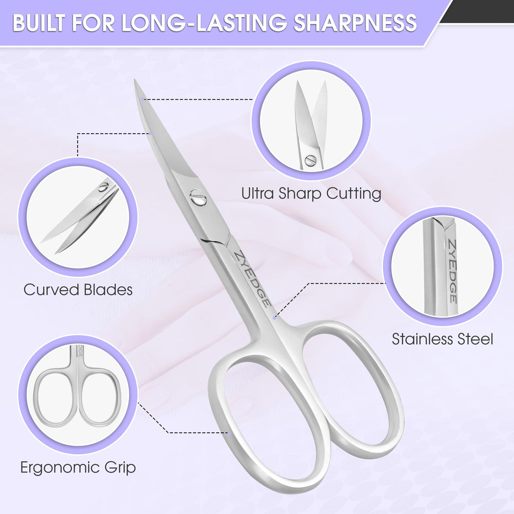 Ciseaux ZyEdge pour ongles courbés, affûtage durable et performance prolongée.