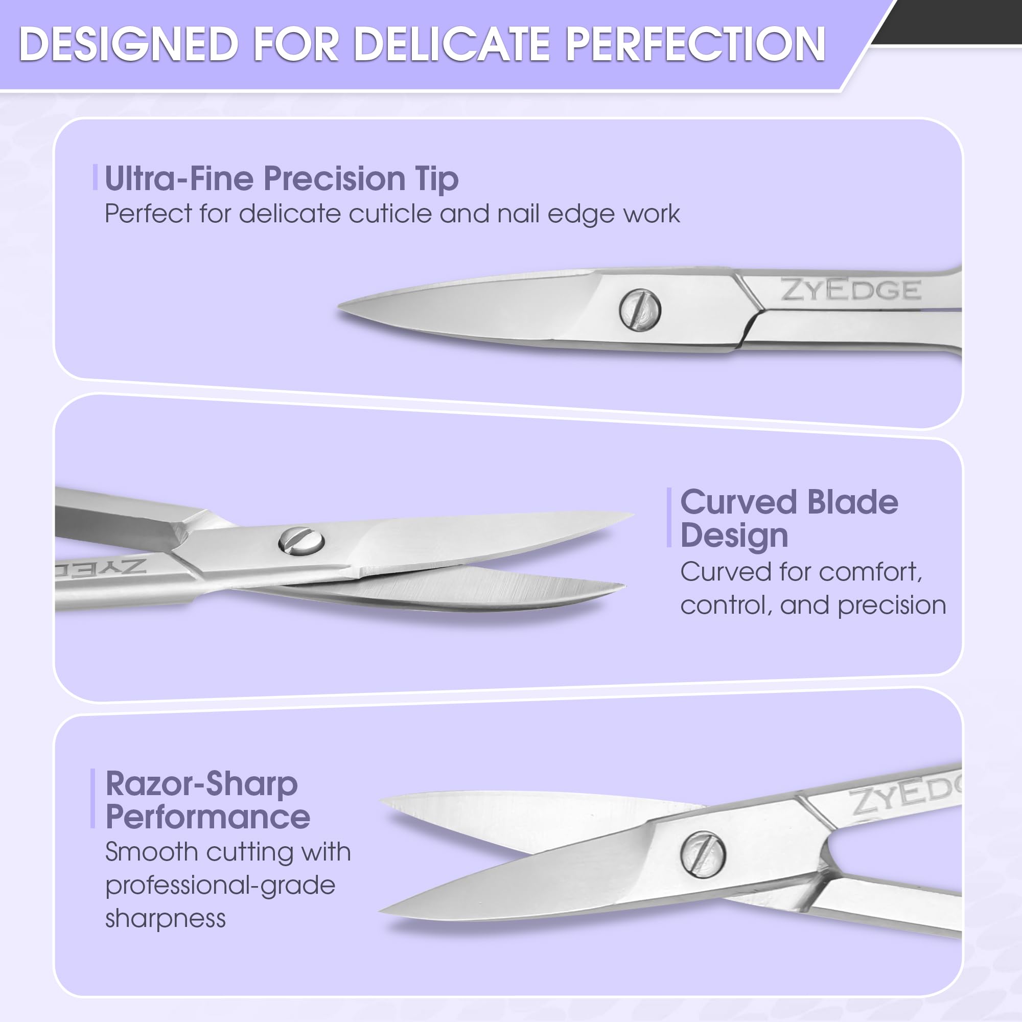 Ciseaux ZyEdge pour ongles courbés, prise ergonomique et sécurité lors du soin.